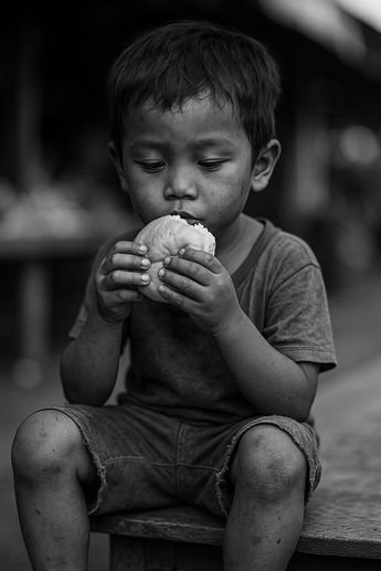 A black and white photograph shows a young boy sitting on a wooden surface, holding a peeled fruit close to his mouth as he prepares to take a bite.