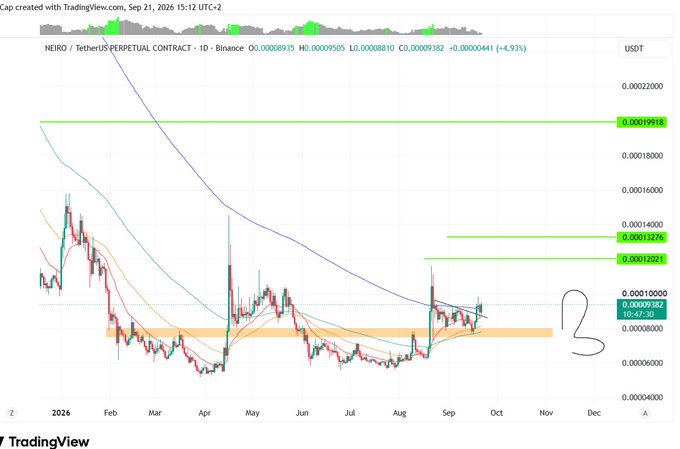 TradingView chart of NEIRO/TetherUS Perpetual Contract on Binance (1D timeframe) showing the price at approximately 0.00009302 with a -4.93% change and a hand-drawn question mark near the current price action.