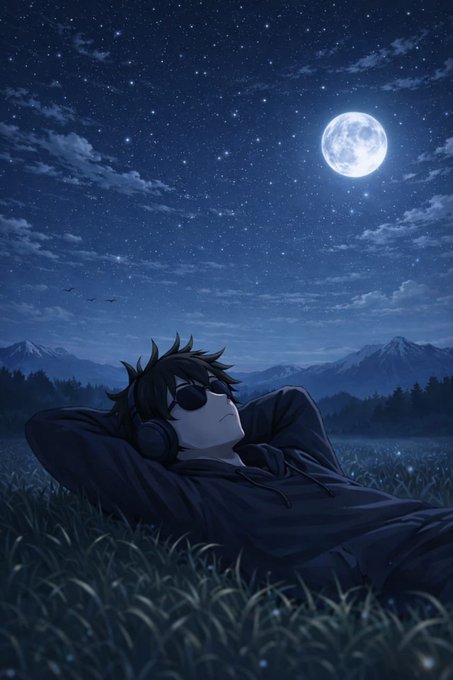 An anime-style artwork depicting a dark-haired character wearing sunglasses and headphones, lying peacefully in a grassy field under a starry night sky illuminated by a full moon.