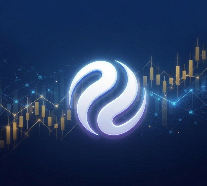 A glowing white and purple stylized 'S' logo is displayed against a dark blue background with stock market candlestick charts and network connection graphics.