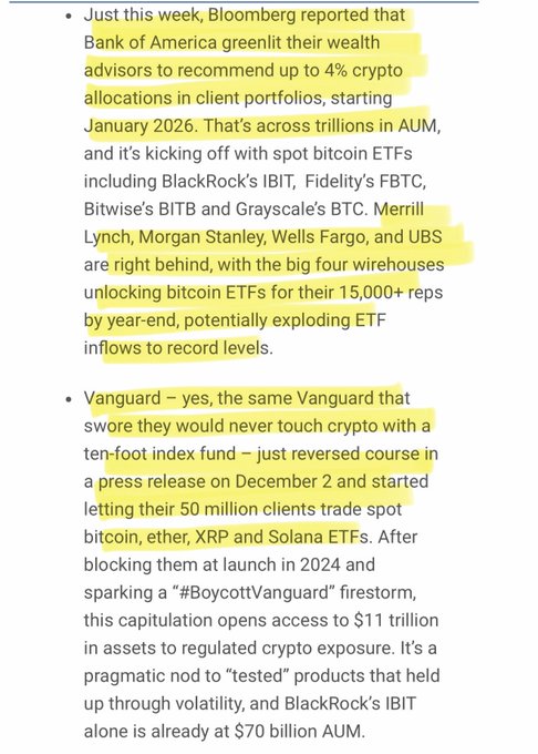 The image is a highlighted text excerpt discussing major financial institutions embracing crypto allocations, including Bank of America greenlighting up to 4% crypto allocations for clients starting January 2026, and Vanguard reversing its stance to allow trading of spot bitcoin, ether, XRP, and Solana ETFs for its 50 million clients. The post "Vanguard XRP Documented" relates to the Vanguard portion, specifically highlighting that XRP is among the ETFs Vanguard now permits trading after its December 2 reversal.