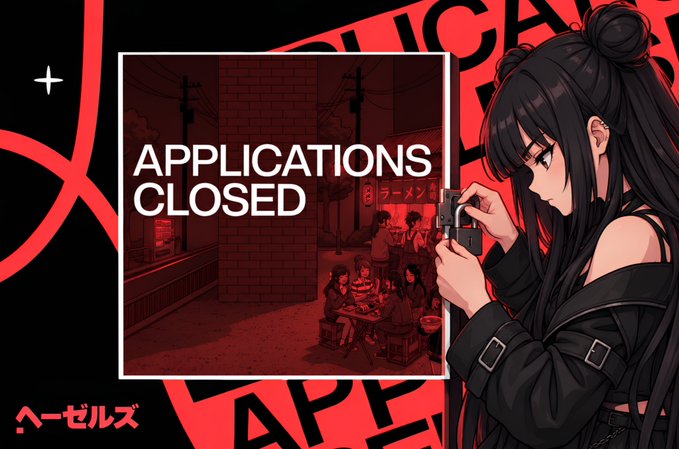 A red and black anime-style graphic announcing 'APPLICATIONS CLOSED' in English and Japanese, showing an illustration of a girl holding a camera on the right side.