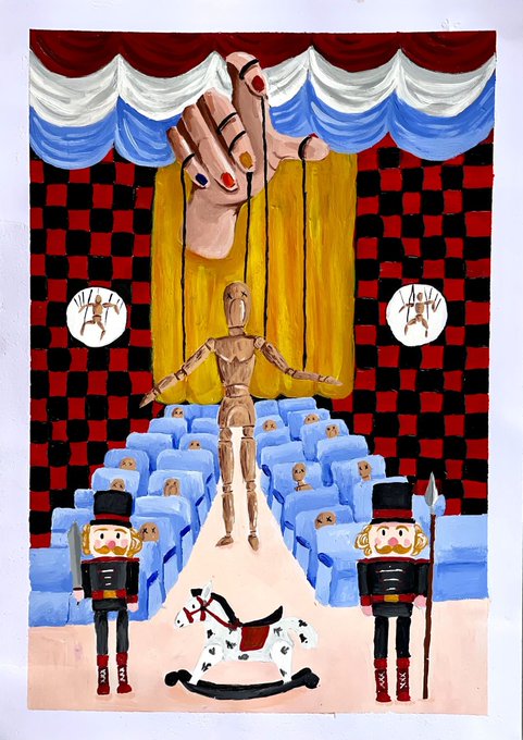 A folk art-style painting depicting a wooden marionette on a stage with red curtains, controlled by a large hand from above, with nutcracker figures and a rocking horse in the foreground.