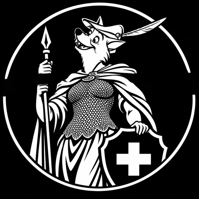 A black and white circular logo featuring a wolf-like humanoid warrior woman wearing armor and a feathered hat, holding a spear and a shield with a cross symbol.
