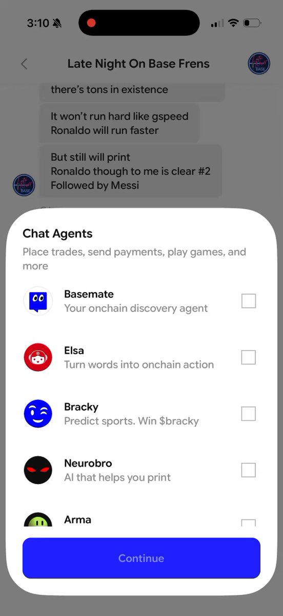The image shows a phone screen displaying a chat window with several options for agents, including "Base just turned every group chat into a distribution channel for agents". The agent options include "Discovery", "Base just got a whole lot easier", and "Base just turned every group chat into a distribution channel for agents". The text in the image is related to a post about agents and their role on Base.