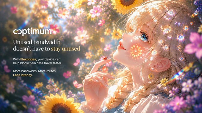 An advertisement for Optimum featuring an anime-style girl surrounded by flowers, with text reading 'Unused bandwidth doesn't have to stay unused' and promoting Flexnodes for blockchain data travel.