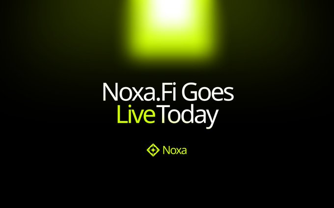 The image is a minimalist announcement graphic with a dark background featuring the text "Noxa.Fi Goes Live Today" alongside the Noxa logo, visually reinforcing the launch announcement for the noxa.fi platform returning stronger as referenced in the post.