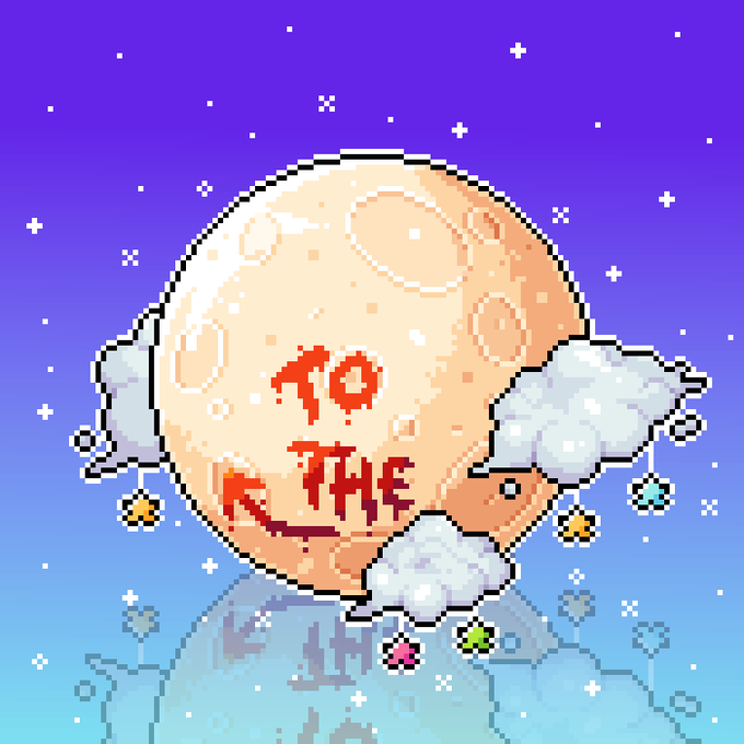 A pixel-art graphic of a moon partially covered by clouds, with "TO THE MOON" written in red, dripping text.