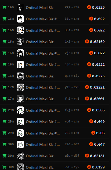 A dark-themed leaderboard displays a list of 'Ordinal Maxi Biz' collections with their floor prices and trading volumes, showing entries with short alphanumeric tickers like 'kgs', 'crm', and '1x2'.