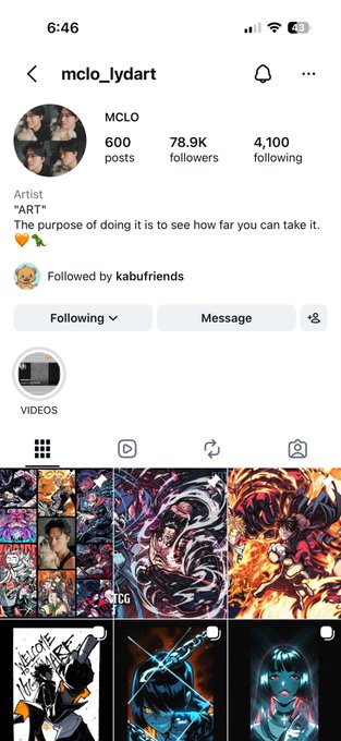 A screenshot of an Instagram profile page for 'mclo_lydart' (MCLO), featuring 600 posts, 78.9K followers, and a bio describing an artist with the quote 'The purpose of doing it is to see how far you can take it.'