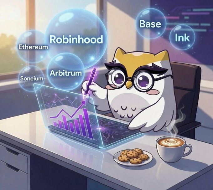 A cartoon owl wearing glasses works at a laptop displaying a glowing chart, with floating bubbles labeled "Robinhood," "Ethereum," "Arbitrum," "Soneium," "Base," and "Ink" representing cross-chain bridge routes. The image ties into the Owlto Finance weekly recap by visually highlighting the top bridge destinations (Base, Ink) and supported networks like Ethereum, Arbitrum, and Soneium, while the rising chart symbolizes the platform's speed and growth metrics.