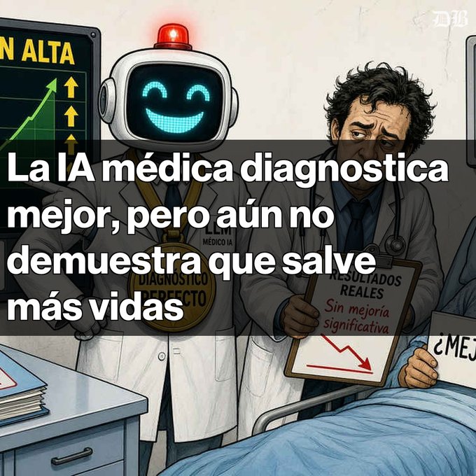An illustrated Spanish meme showing an AI robot doctor and a human doctor, with text stating 'La IA médica diagnostica mejor, pero aún no demuestra que salve más vidas.'