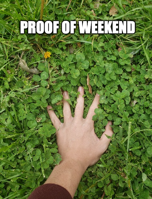 A hand presses into a lush patch of clover and grass, with the bold white text "PROOF OF WEEKEND" overlaid at the top, playfully riffing on the request for "PoW" (proof of work) by delivering literal proof of spending time outdoors on a weekend.