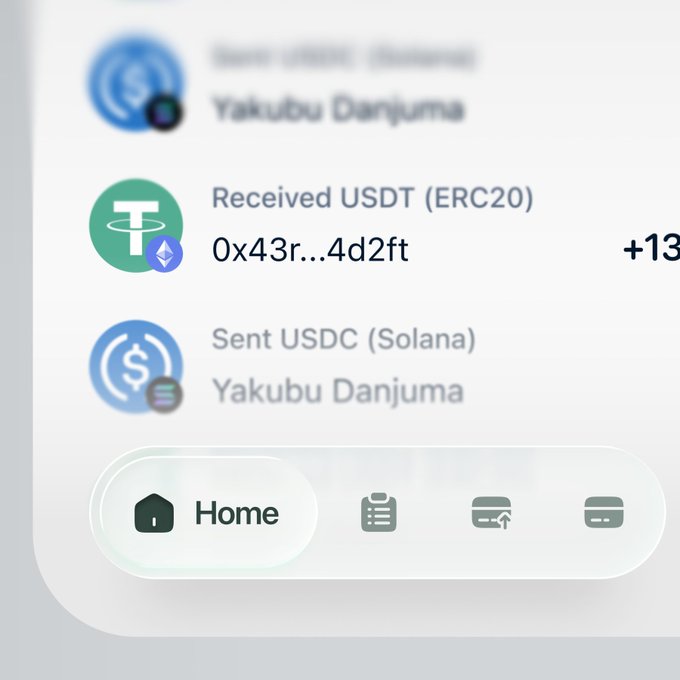 A cryptocurrency wallet app interface showing recent transactions including 'Received USDT (ERC20)' from Yakubu Danjuma with a partial address '0x43r...4d2ft' and '+13...', plus a 'Sent USDC (Solana)' transaction; the bottom navigation shows the 'Home' tab selected.