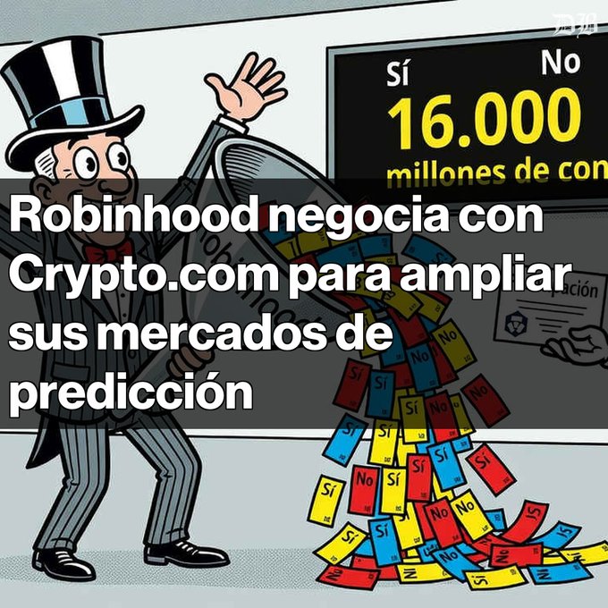 A Spanish-language graphic with a Monopoly Man-like cartoon figure pouring yes/no cards, with text 'Robinhood negocia con Crypto.com para ampliar sus mercados de predicción' (Robinhood negotiates with Crypto.com to expand prediction markets).