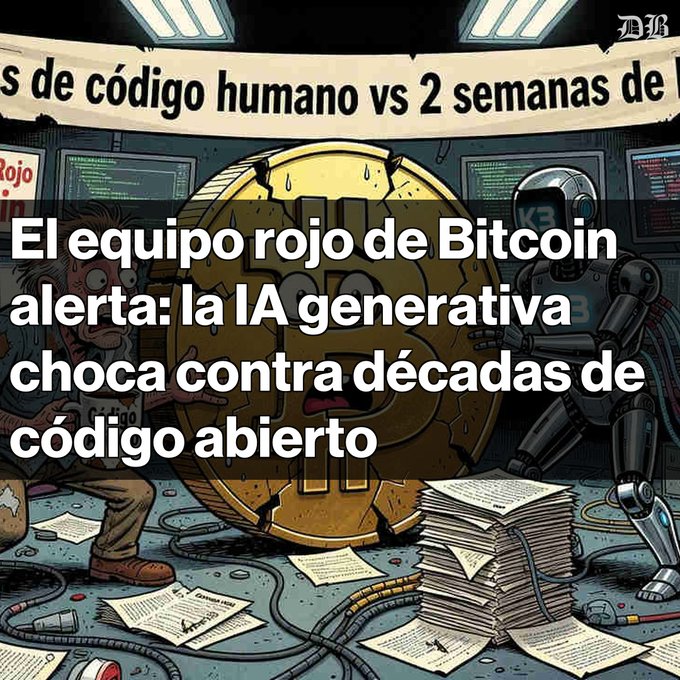A cartoon meme showing a distressed Bitcoin character between a coder and a robot, with text in Spanish: 'El equipo rojo de Bitcoin alerta: la IA generativa choca contra décadas de código abierto'.