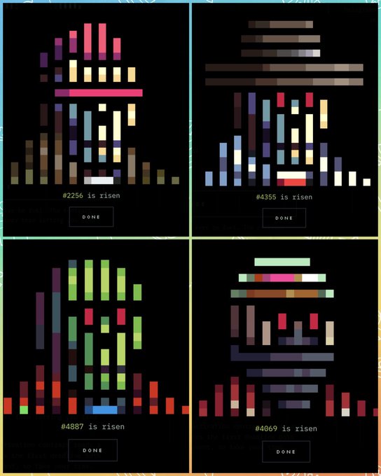 A four-panel pixel art display from UndeadlinesNFT showing risen undead characters (#2256, #4355, #4887, and #4069), each marked "is risen" with a "DONE" button, featuring colorful blocky humanoid designs on black backgrounds that match the post's showcase of tokenized stock-collecting RWA pixel art PFPs with a 4x floor price increase.