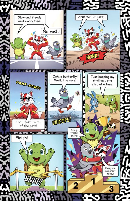 A six-panel comic strip illustrates a race between a fox, a turtle, a pigeon, and a rabbit, with the turtle ultimately winning the trophy while the other animals celebrate.