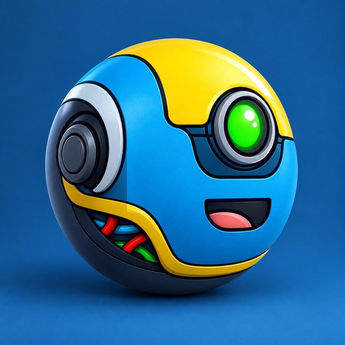 A 3D rendering of a blue and yellow spherical robot head with a glowing green eye, a small mouth, and colorful wires visible on its side, set against a blue background.