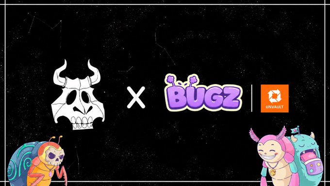 A promotional graphic features a skull with horns next to a purple 'BUGZ' logo and the 'UNIVAULT' orange logo, accompanied by cartoon characters including a snail and a pink bug on a dark starry background.
