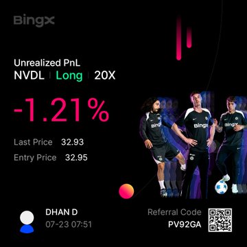 A BingX trading app interface showing an unrealized PnL of -1.21% on a Long 20X NVDL position (Last Price 32.93, Entry Price 32.95), with the BingX soccer team in the background, user 'DHAN D' and referral code 'PV092GA'.