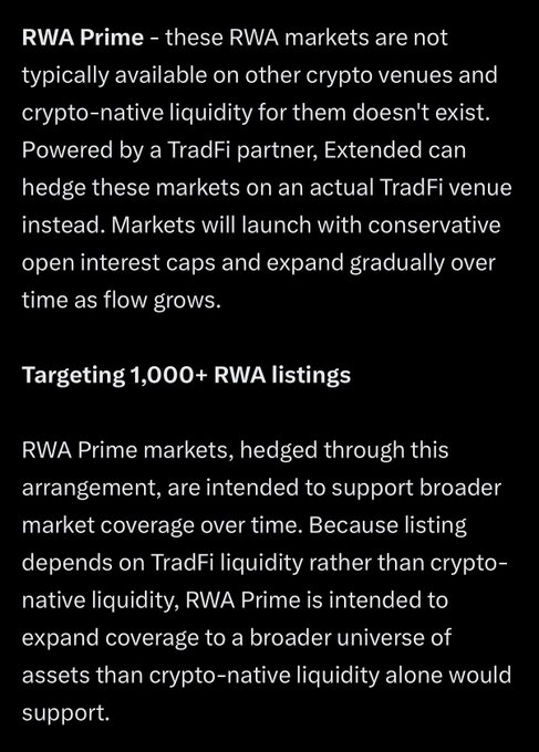 Text describing 'RWA Prime' markets, noting they are hedged via TradFi partners and targeting 1,000+ RWA listings.