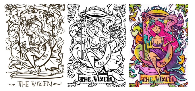 Three variations of an illustration of a mermaid-like figure labeled 'THE VIXEN' — shown as sketches and a fully colored version with vibrant pinks and blues.