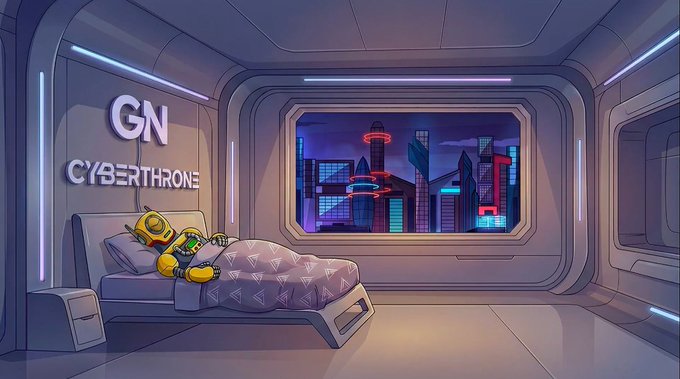 An illustration of a yellow character sleeping in a bed within a futuristic room labeled 'GN CYBERTHRONE,' with a cityscape visible through the window.