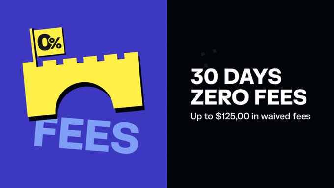 A promotional graphic with a yellow castle icon featuring a '0%' flag, advertising '30 DAYS ZERO FEES' and 'Up to $125.00 in waived fees' against a purple and dark background.