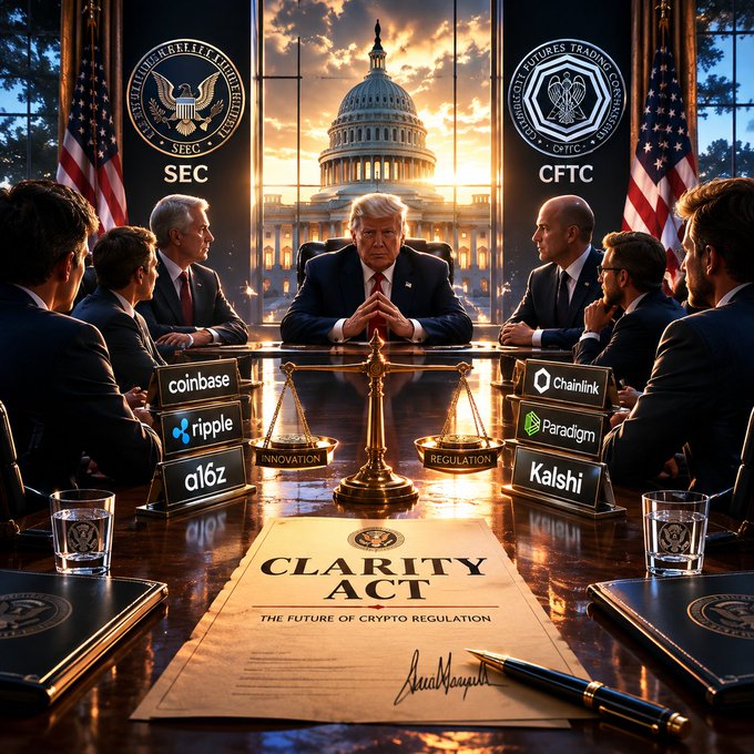 An AI-generated political illustration depicts Donald Trump seated at the head of a table with officials labeled 'SEC' and 'CFTC', with company nameplates including Coinbase, Ripple, a16z, Chainlink, Paradigm, and Kalshi, alongside the 'CLARITY ACT' document and a balance scale representing 'INNOVATION' vs 'REGULATION'.
