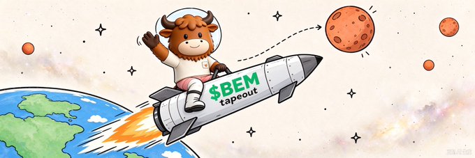 A cartoon illustration of a bullish cow character riding a rocket labeled '$BEM tapeout' past Earth toward Mars, set against a starry space background.