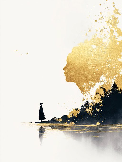 A lone cloaked figure stands by a misty shoreline facing a colossal golden silhouette of a face emerging from a forested landscape, evoking the title "Breath of the World." The ethereal ink-and-gold composition reflects the meditative, nature-infused spirit of the 100 xtz physical artwork being created.