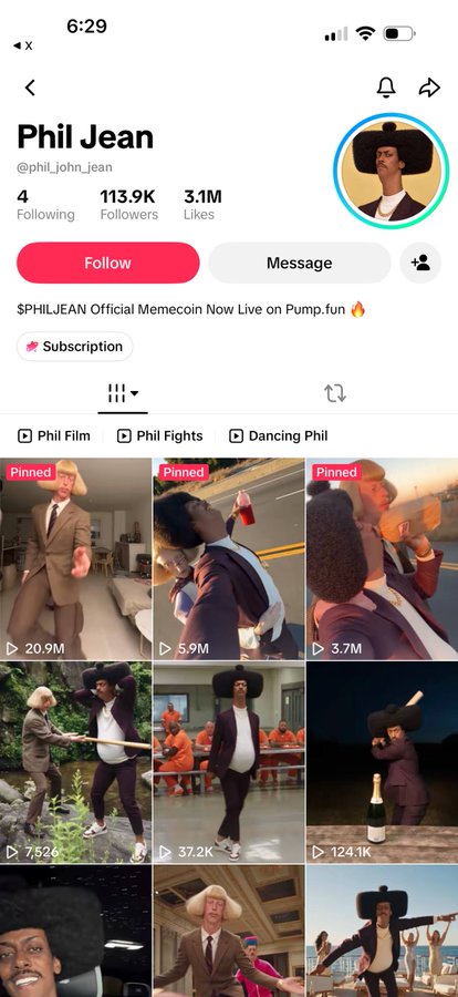 A TikTok profile page for 'Phil Jean' (@phil_john_jean) with 113.9K followers and 3.1M likes, showing pinned videos including 'Phil Film', 'Phil Fights', and 'Dancing Phil'.