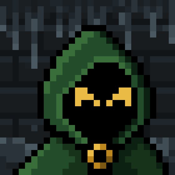 A pixel art hooded figure with glowing yellow eyes and a golden collar stands before a dark brick wall, evoking the mysterious "Hoods up" aesthetic referenced in the post about MancerXYZ NFTs on OpenSea.
