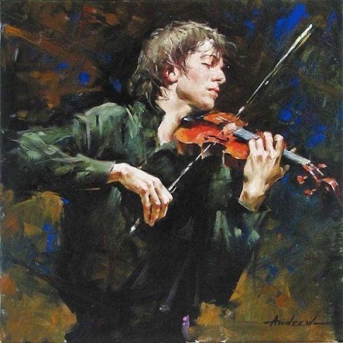 An expressive oil painting of a musician playing the violin, with the artist signature 'Audrey' visible in the lower right corner.