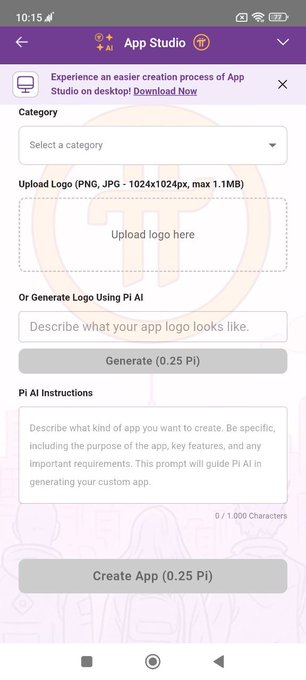The image shows the Pi Network's App Studio interface, displaying options to upload a logo (PNG/JPG, 1024x1024px, max 1.1MB), generate a logo using Pi AI for 0.25 Pi, or create an app with Pi AI Instructions for 0.25 Pi. This screenshot illustrates the high costs mentioned in the post, showing that users must spend 0.25 Pi just to generate a logo or create an app through the platform—a significant amount given the slow mining rate.