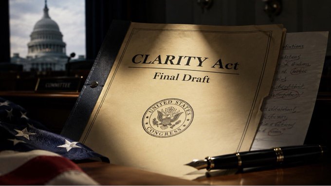A document labeled 'CLARITY Act Final Draft' bearing the United States Congress seal, displayed on a desk with the Capitol building visible through a window and an American flag nearby.