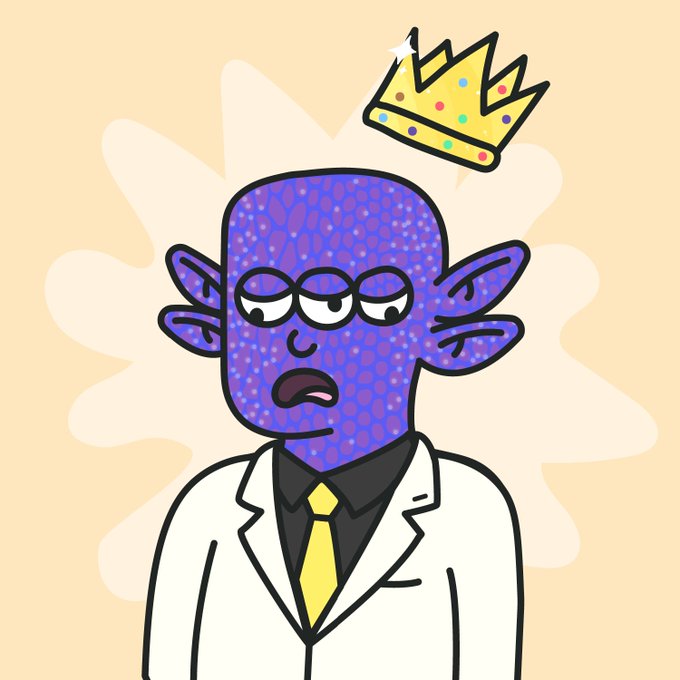 A cartoon illustration of a blue, three-eyed alien-like character with wings, wearing a white suit and yellow tie, with a golden crown floating above its head against a beige background.