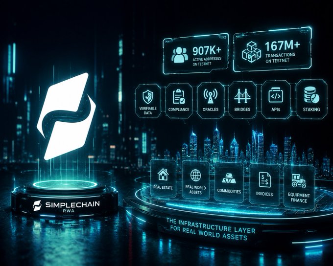 A futuristic digital marketing image for 'SIMPLECHAIN RWA' displaying 907K+ active addresses on Testnet and 167M+ transactions, highlighting features like verifiable data, compliance, oracles, bridges, APIs, and staking.
