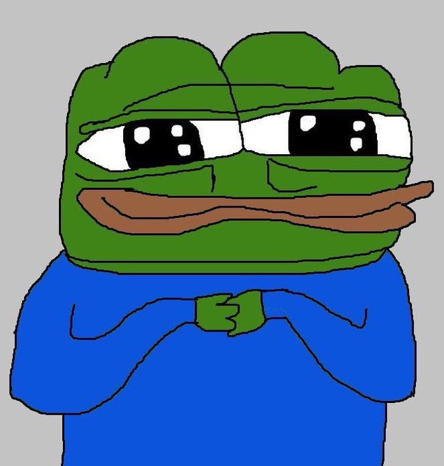 A crudely drawn Pepe the Frog in a blue shirt with a slight smile appears alongside a celebratory caption thanking followers for their support through crypto market discussions and memes. The smug, content expression on Pepe's face perfectly captures the feeling of humble accomplishment at reaching 8,000 followers amid the ups and downs of crypto trading.
