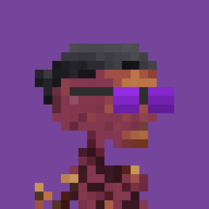 A pixel art image of a figure in dark red and purple tones wearing sunglasses, with a purple visor covering one eye, against a solid purple background.