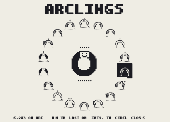 A pixel art game screen titled 'ARCLINGS' featuring a central character surrounded by igloo-shaped creatures in a circle, with text reading '6,283 0M ARC' and 'WIN TH LAST OW INTS, TN CIRCL CLOS 5'.