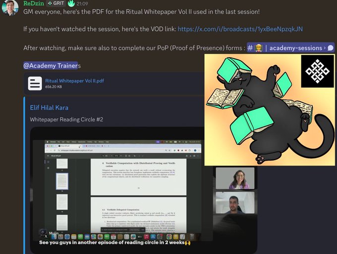 A screenshot of a Discord message in the GRIT channel from ReDzin at 21:09 sharing the Ritual Whitepaper Vol II PDF, a VOD recording link (https://x.com/i/broadcasts/1yxBeeNpzqkJN), and a reminder to complete PoP forms in #academy-sessions, featuring an embedded preview of the whitepaper reading session with Elif Hilal Kara and a mascot graphic surrounded by books.