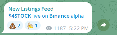 A digital announcement reads 'New Listings Feed' and '$4STOCK live on Binance alpha' with icons of a poop emoji and a banana, and a timestamp of '1187 5:22 PM'.