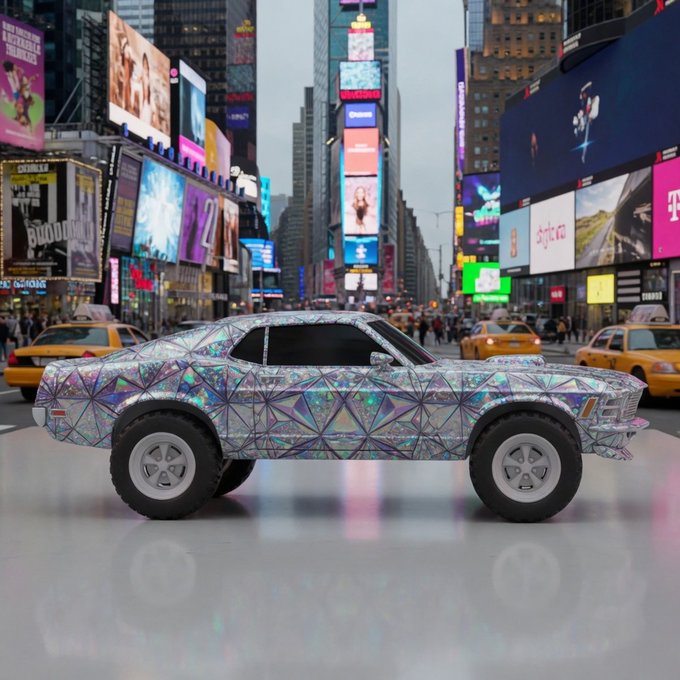 A digitally rendered car covered in a holographic geometric wrap is parked on a wet Times Square street, surrounded by yellow taxis and bright billboards.