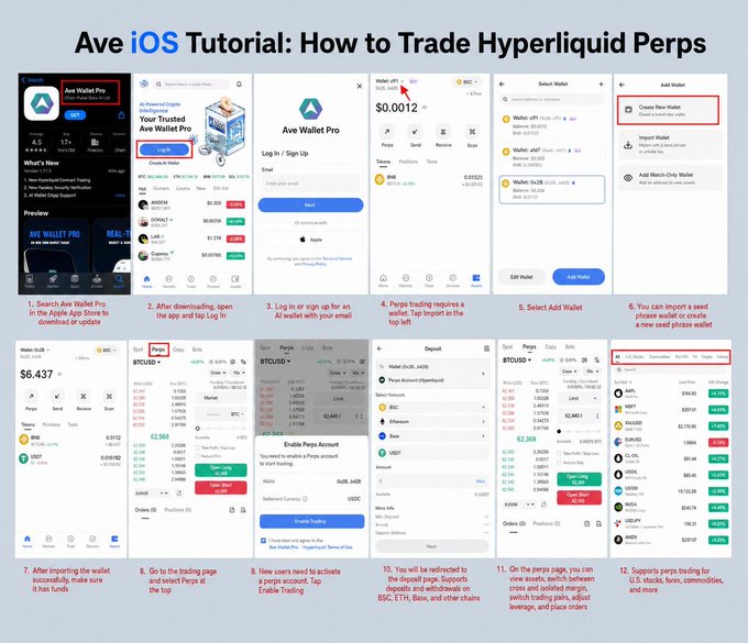 The image is a 12-step visual tutorial titled "Ave iOS Tutorial: How to Trade Hyperliquid Perps," walking users through the process of downloading Ave Wallet Pro, creating/importing a wallet, funding the account with USDC, and placing perp trades on BTC/USD and BNB tokens via the iOS app.