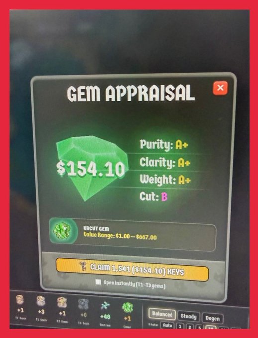 A screenshot of a 'Gem Appraisal' interface showing a Uncut Gem with stats: Purity A+, Clarity A+, Weight A+, Cut B, valued at $154.10, with options to 'Claim 1,541 (154.10) KEYS' and 'Open Instantly'.