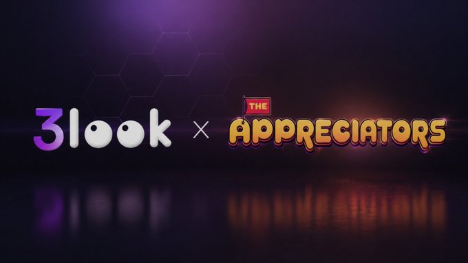The image features a poster with two words, "3look" and "the appreciators", written in purple and yellow colors respectively. The background of the poster is black, which contrasts with the vibrant colors of the text. The poster also includes some text that reads "Be OriginL by @Appreciators_IO is live on @3look_io Top 20 creators share a 10,000 $APE reward Key details: Iron → Diamond tier system ➤ Top     creators win rewards ➤ 2X LB multiplier for ORIGINLS holders ➤ Extra  −$2.5K NFT rewards for new minters". The poster is displayed on a white background with a black border, and the text is clearly visible against this backdrop.
