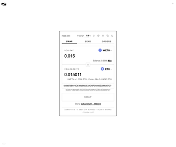 The screenshot shows a ZKSwap interface displaying a swap from DAI to ETH, with 0.015 DAI exchanged for 0.015011 ETH at an exchange rate of ~0.0019 ETH, alongside a smart contract address. This illustrates the 100% on-chain DEX auto-arbitrage and execution referenced in the post about zSwap's automated trading functionality.