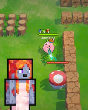 A Minecraft-style character with a name tag "Zombina" stands over a red and white mushroom next to a stone path, while a pixel-art portrait of a red-haired figure appears in the corner—capturing a charming, in-game encounter that's best discovered through playtesting rather than described.